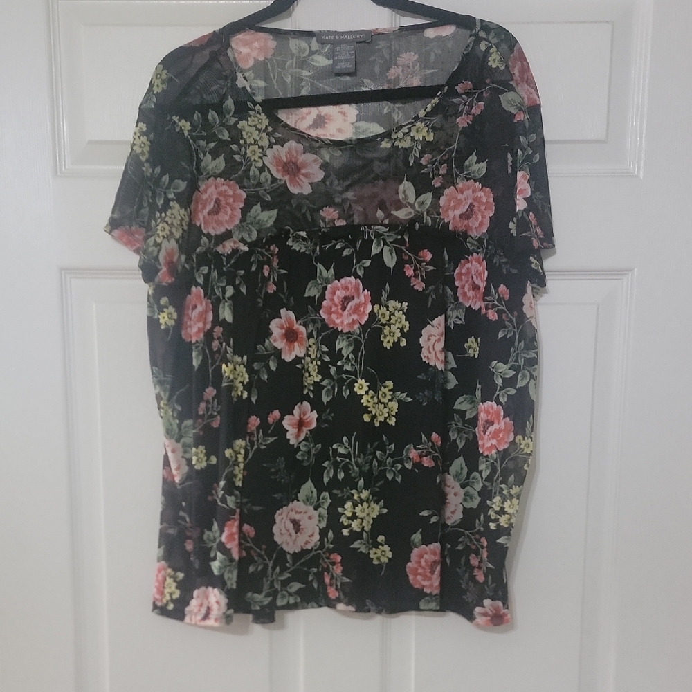 Kate & Mallory Black Floral Scoop Neck Blouse with Pink & Yellow Blooms